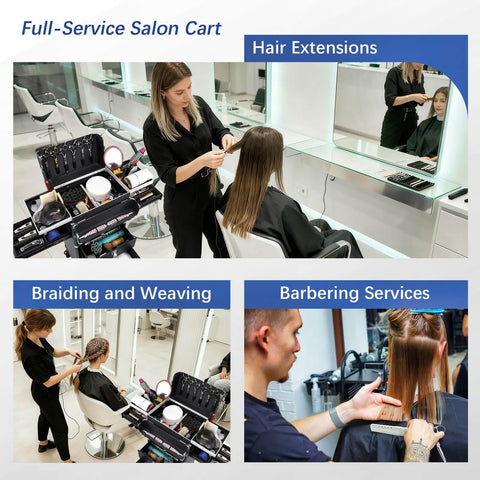 Pro Salon Cart With Four Drawers On Wheels For Hair Pros Portable Salon Station shown in use for hair extensions and barbering services.