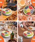 Four settings featuring Six Compartment Divided Serving Tray With Lid And Handle Portable Snack Box for fruits, candy, and nuts.