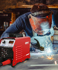 Welder using Stick Welder 110 Volt Portable Arc Welder With 120 Amp Output, Smart Hot Start And Arc Force, in action, sparks flying