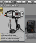 Portable 250 Amp Stick Welder With 110V Inverter LCD Display and ergonomic design, shown with toolbox and rods, close-up view.