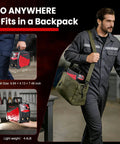 Man carrying Ultra Portable Mini Stick Welder Wrdlosy 4.4 lbs IGBT inverter in a backpack, showcasing its lightweight design.