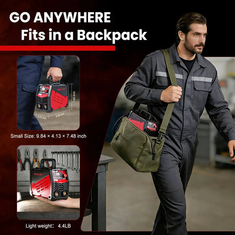 Man carrying Ultra Portable Mini Stick Welder Wrdlosy 4.4 lbs IGBT inverter in a backpack, showcasing its lightweight design.