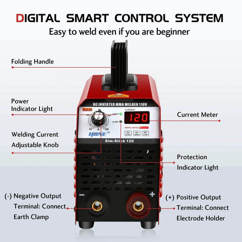 Stick Welder 110 Volt Portable Arc Welder With 120 Amp Output, digital display, control buttons, front view