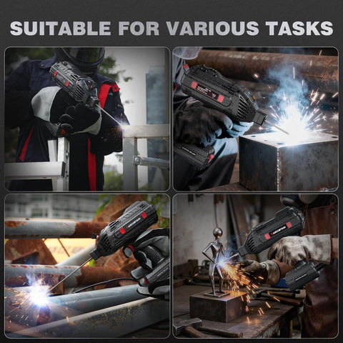 Multiple images of Portable 110V Stick Welder With 120A Output ARCCAPTAIN IGBT Inverter at work on various metal fabrication tasks.