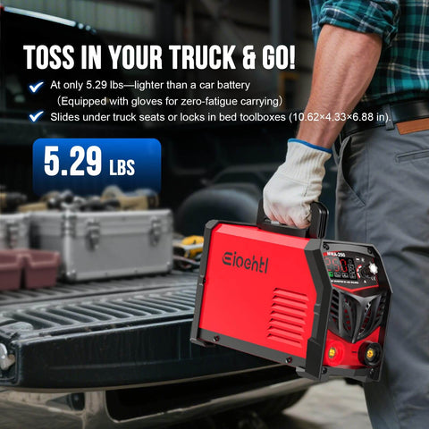 Person loading a Beefy 250 Amp Stick Welder With Dual Voltage 110V And 220V Auto Switching, LED Display Arc Welding Machine into a truck.
