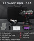 Package contents of Portable 110V Stick Welder With 120A Output ARCCAPTAIN IGBT Inverter including welder, rods, goggles, and clamps.