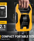 AC DC Tire Inflator Portable Air Compressor With Dual Power Supply, compact size, digital gauge, person holding by handle