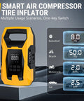 Image of AC DC Tire Inflator Portable Air Compressor with digital display, multiple use scenarios, and pressure settings for inflatables.