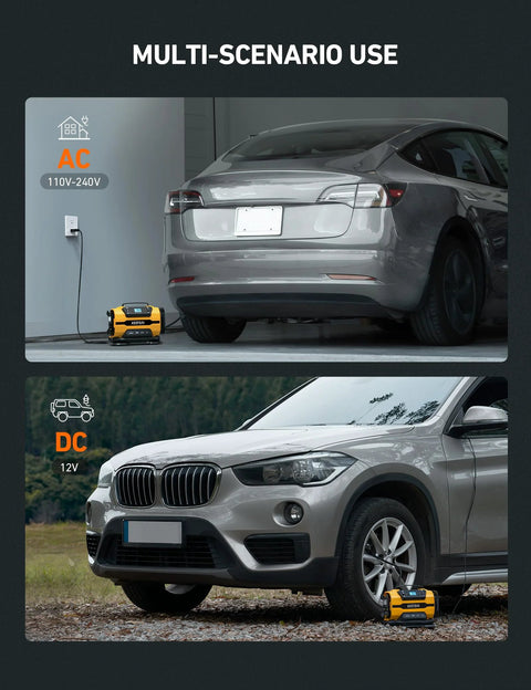 Portable Tire Inflator With Dual Power Motors And Bright LED Light 150 PSI 12V DC Or 110V AC in use with two cars
