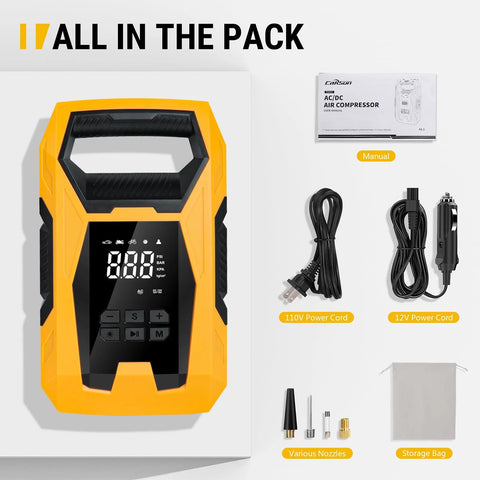 AC DC Tire Inflator Portable Air Compressor With Dual Power Supply For Home 110V AC And Car 12V DC, auto shutoff, in packaging.