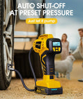 Portable Tire Inflator With Dual Power Modes, 21V Cordless Rechargeable Battery Powered Handheld Air Compressor, in use near car