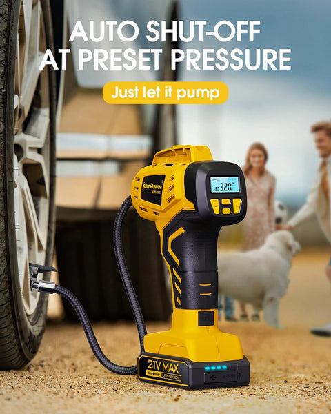 Portable Tire Inflator With Dual Power Modes, 21V Cordless Rechargeable Battery Powered Handheld Air Compressor, in use near car