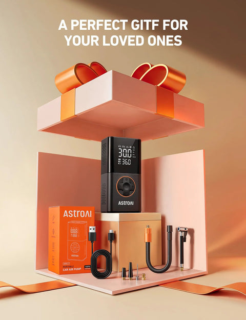 L7 Portable Tire Inflator And Cordless Mini Air Compressor with accessories displayed in an open gift box with ribbon