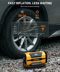 Portable Tire Inflator With Dual Power Motors And Bright LED Light 150 PSI 12V DC Or 110V AC beside car tire inflating