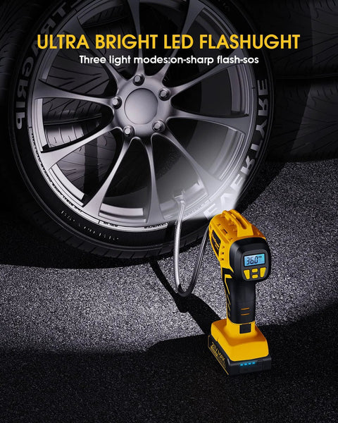 Portable Tire Inflator With Dual Power Modes, 21V Cordless Rechargeable Air Compressor inflating car tire