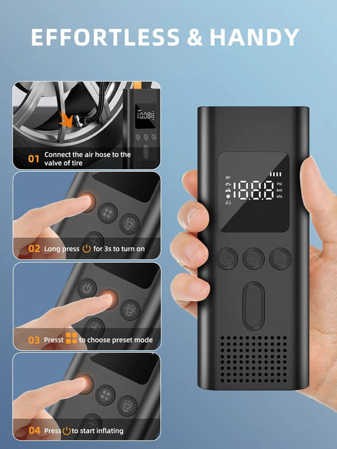 Portable Tire Inflator And Cordless Air Compressor With 150 PSI LED Light Auto Shut Off Rechargeable Battery Fast Inflation Up To 3x Faster For Car Motorcycle Bike And Sports Balls Ideal Emergency On The Go with instruction steps
