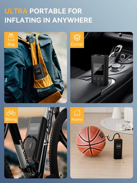 Portable Tire Inflator And Cordless Air Compressor With 150 PSI LED Light Auto Shut Off Rechargeable Battery Fast Inflation Up To 3x Faster For Car Motorcycle Bike And Sports Balls Ideal Emergency On The Go shown in various use settings.