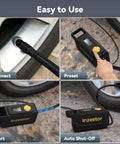 Four-step use of 150 PSI Tire Inflator Portable Air Compressor, 12V DC Auto Shutoff Air Pump with Digital Pressure Gauge and LED Light.