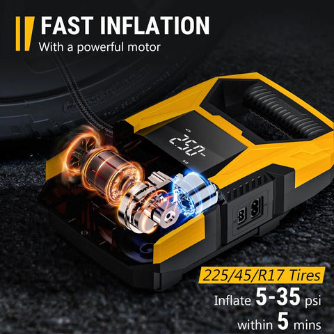 AC DC Tire Inflator Portable Air Compressor With Dual Power Supply featuring fast inflation and built-in digital gauge