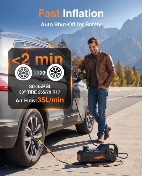 Man using Low Profile 5 Ton 12V Electric Car Jack Kit With Built In Inflator LED Light And Wrench for tire inflation beside SUV