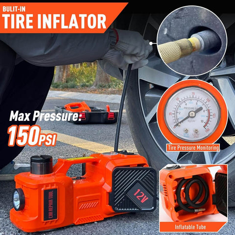 Electric Car Jack Kit 5 Ton 12V Hydraulic Floor Jack With Impact Wrench And Inflatable Pump For SUV Car Emergency Tire Change Kit With LED Light All In One Portable Lift inflating a tire with built-in gauge