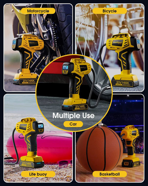 Portable Tire Inflator With Dual Power Modes, 21V Cordless Rechargeable Battery Powered Handheld Air Compressor, multiple uses