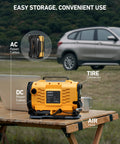 Portable Tire Inflator With Dual Power Motors and Bright LED Light 150 PSI 12V DC or 110V AC on a wooden table near a car