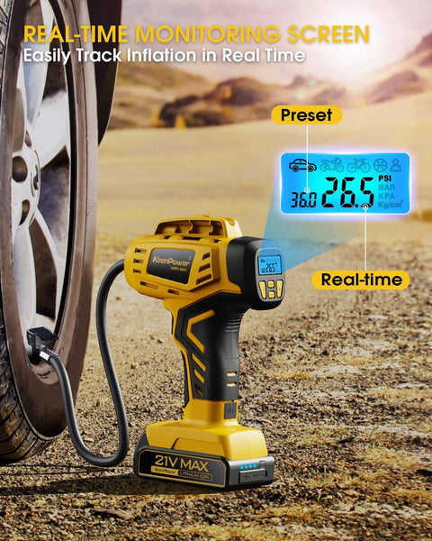 Portable Tire Inflator With Dual Power Modes, 21V cordless rechargeable air compressor with real-time display, 160 PSI, car tire use