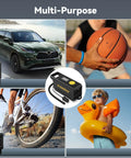 150 PSI Tire Inflator Portable Air Compressor, 12V DC Auto Shutoff Air Pump with Digital Pressure Gauge and Emergency LED Light in use on car, bicycle, basketball, and inflatable toy with multiple adapters.