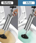 Portable High Pressure Kinetic Toilet Plunger Air Blaster Pump clearing clogged toilet, before and after effect shown