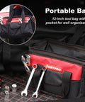 Black and red 12-inch wide mouth storage bag with wrenches and tools from the 236-Piece Home Repair Tool Set With 12-Inch Wide Mouth Storage Bag, Ultimate DIY Hand Tool Kit For Home Improvement, From Pliers And Screwdrivers To Wrenches And Fasteners, Red.