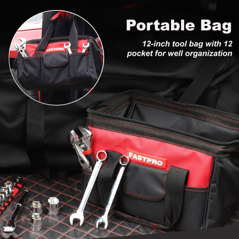 Black and red 12-inch wide mouth storage bag with wrenches and tools from the 236-Piece Home Repair Tool Set With 12-Inch Wide Mouth Storage Bag, Ultimate DIY Hand Tool Kit For Home Improvement, From Pliers And Screwdrivers To Wrenches And Fasteners, Red.