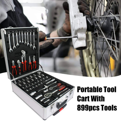 Portable tool cart with 899pcs tools, open view showing assorted hand tools, wrenches, pliers in a toolbox, mechanic working on bicycle wheel.