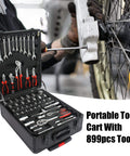 All In One Roll Bar Box Kit With 899 Precision Tools For Home And Auto Repairs Including Emergency Car Fixes Plus Water Electrical And Woodworking Essentials For Gardeners Homeowners And Handymen On The Go Silver open showing tools
