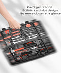 All-In-One 146-Piece Home And Auto Tool Kit For Repairs, DIY Essentials, Multi-Functional Emergency Toolkit For Home And Car, Portable Carry Case, Includes Comprehensive Set For Quick Fixes in open case with hand lifting lid.