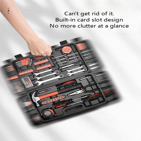 All-In-One 146-Piece Home And Auto Tool Kit For Repairs, DIY Essentials, Multi-Functional Emergency Toolkit For Home And Car, Portable Carry Case, Includes Comprehensive Set For Quick Fixes in open case with hand lifting lid.