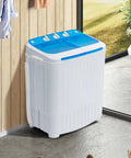 Compact Portable Twin Tub Washing Machine And Dryer 16.5 Lb Capacity Wash And Spin In One Go in white and blue in a room corner