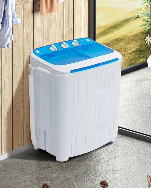 Compact Portable Twin Tub Washing Machine And Dryer 16.5 Lb Capacity Wash And Spin In One Go in white and blue in a room corner
