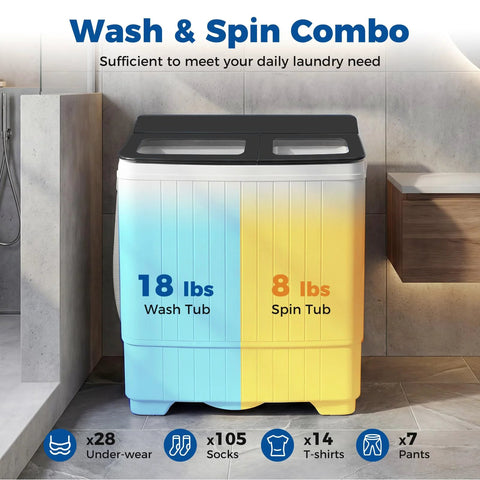 Portable Twin Tub Washing Machine With Drain Pump And Spinner Combo 18 Pound Washer And 8 Pound Spinner for 26 Pound Total Capacity