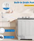 Compact portable twin-tub washing machine with 18 lb wash, 10 lb dry capacity and 28 lb total, drain pump visible