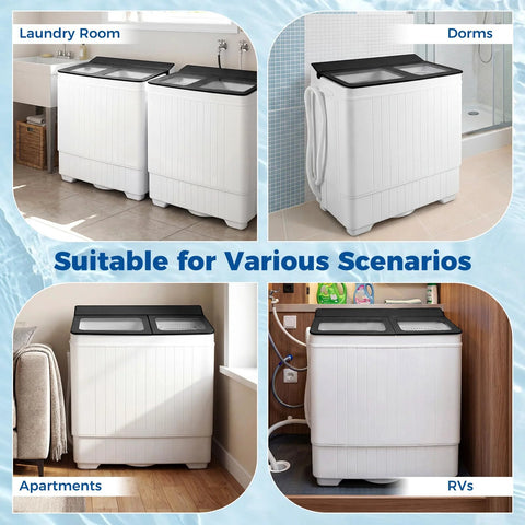 Front and side views of Portable Twin Tub Washing Machine With Drain Pump And Spinner Combo 18 Pound Washer And 8 Pound Spinner