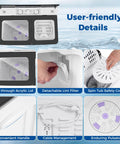 User-friendly features of Portable Twin Tub Washing Machine With Drain Pump And Spinner Combo 18 Pound Washer And 8 Pound Spinner For 26 Pound Total Capacity Compact Laundry Unit For Apartments RVs Dorms Gray And White, including see-through acrylic lid and detachable lint filter.