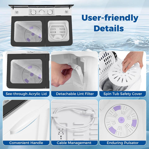 User-friendly features of Portable Twin Tub Washing Machine With Drain Pump And Spinner Combo 18 Pound Washer And 8 Pound Spinner For 26 Pound Total Capacity Compact Laundry Unit For Apartments RVs Dorms Gray And White, including see-through acrylic lid and detachable lint filter.