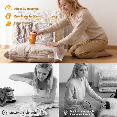 Portable Vacuum Storage Bag Pump Cordless Travel Electric Rechargeable Compression Vacuum Pump in use on clothes and blankets