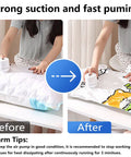Before and after using electric vacuum pump for bags, showcasing quick air removal from vacuum seal storage.