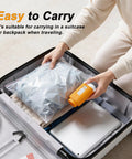 Person using Portable Vacuum Storage Bag Pump Cordless Travel Electric Rechargeable Compression Vacuum Pump to save suitcase space