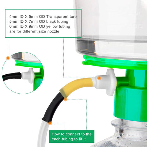 Portable Vacuum Pump For Lab Filtration And Distillation with tubing connections, detail view of connectors with color-coded tubings.