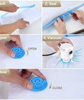 Steps to use Portable Electric Vacuum Pump For Travel And Home That Quickly Deflates Vacuum Storage Bags, shown in instructional images.