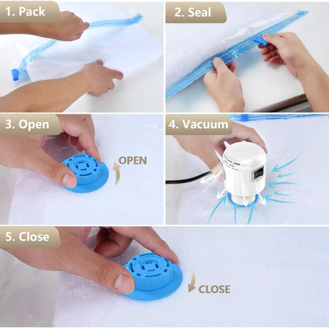 Steps to use Portable Electric Vacuum Pump For Travel And Home That Quickly Deflates Vacuum Storage Bags, shown in instructional images.