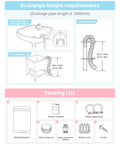 Drainpipe height requirements and packing list for Compact 1.6 Cu Ft Portable Washing Machine With Wheels 11 Lb Capacity.